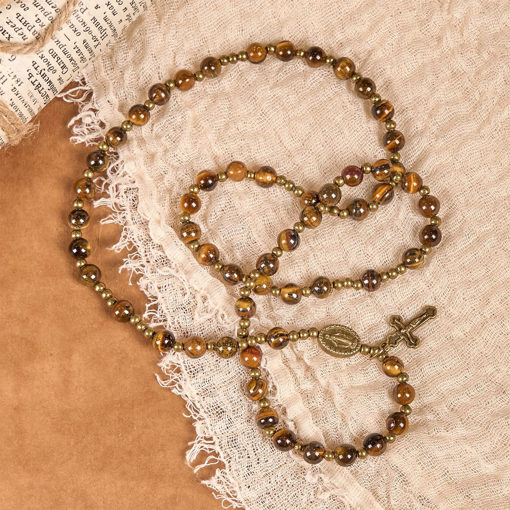 Pulsera Rosario Elástica Artesanal de Ojo de Tigre: Joya Espiritual de Doble Uso