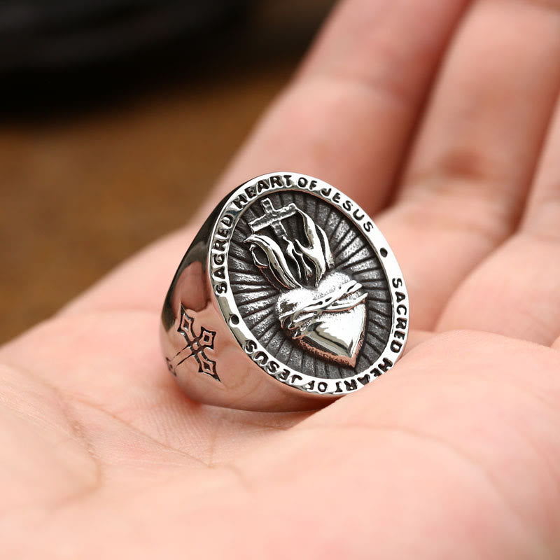 Anillo de Bendición del Sagrado Corazón de Jesús y Cruz en 3 Colores