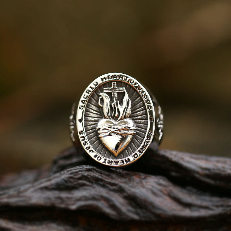 Anillo de Bendición del Sagrado Corazón de Jesús y Cruz en 3 Colores