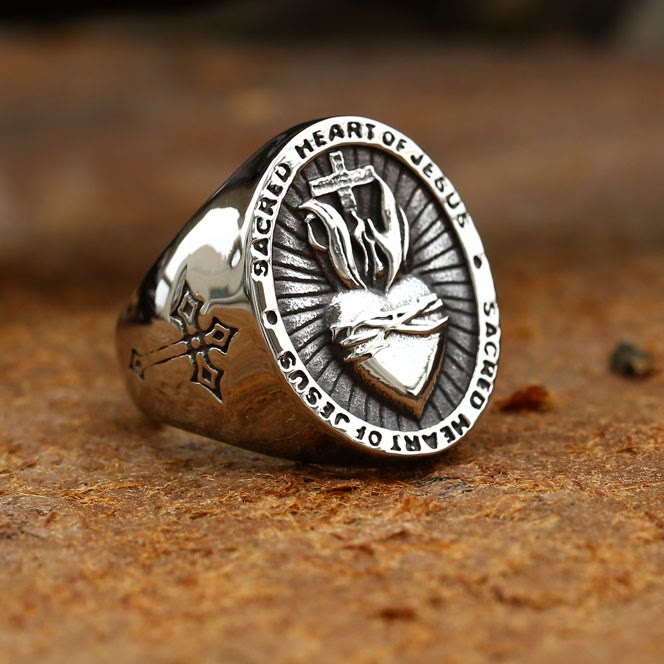 Anillo de Bendición del Sagrado Corazón de Jesús y Cruz en 3 Colores