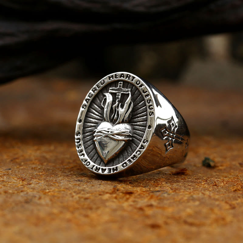 Anillo de Bendición del Sagrado Corazón de Jesús y Cruz en 3 Colores