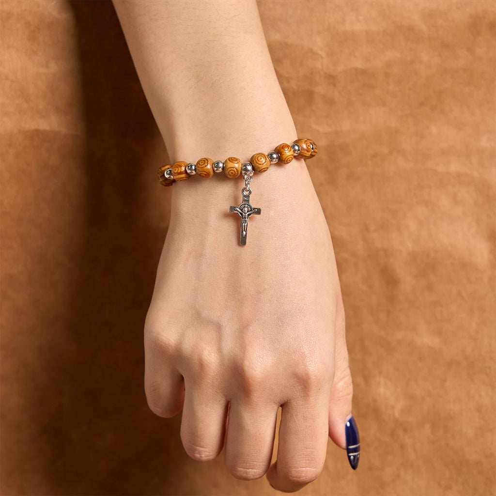 Pulsera de Rosa con Ícono de Jesús y Crucifijo: Joyería Espiritual Artesanal