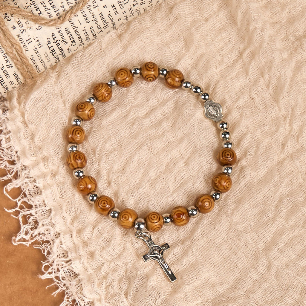 Pulsera de Rosa con Ícono de Jesús y Crucifijo: Joyería Espiritual Artesanal