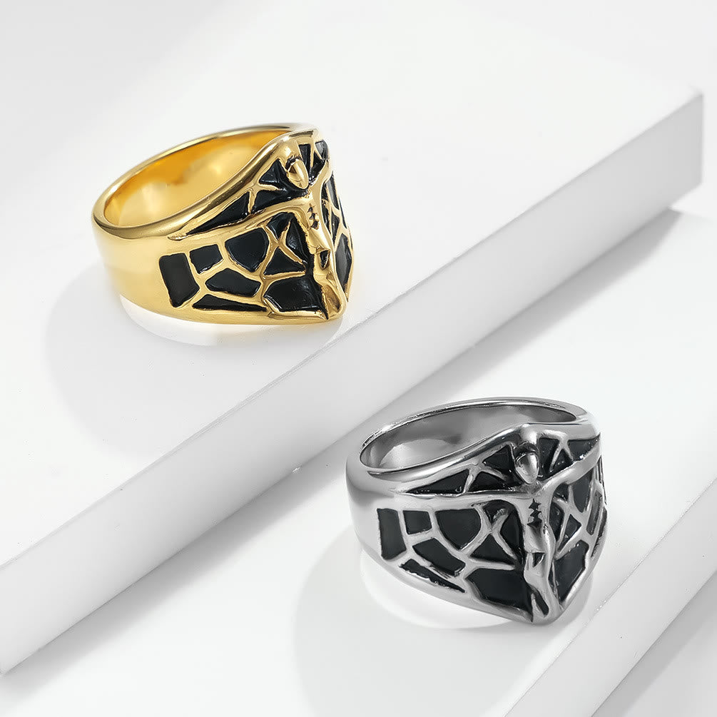 Anillo Vintage de Cruz de Jesús con Telaraña en 2 Colores - Carácter y Fe
