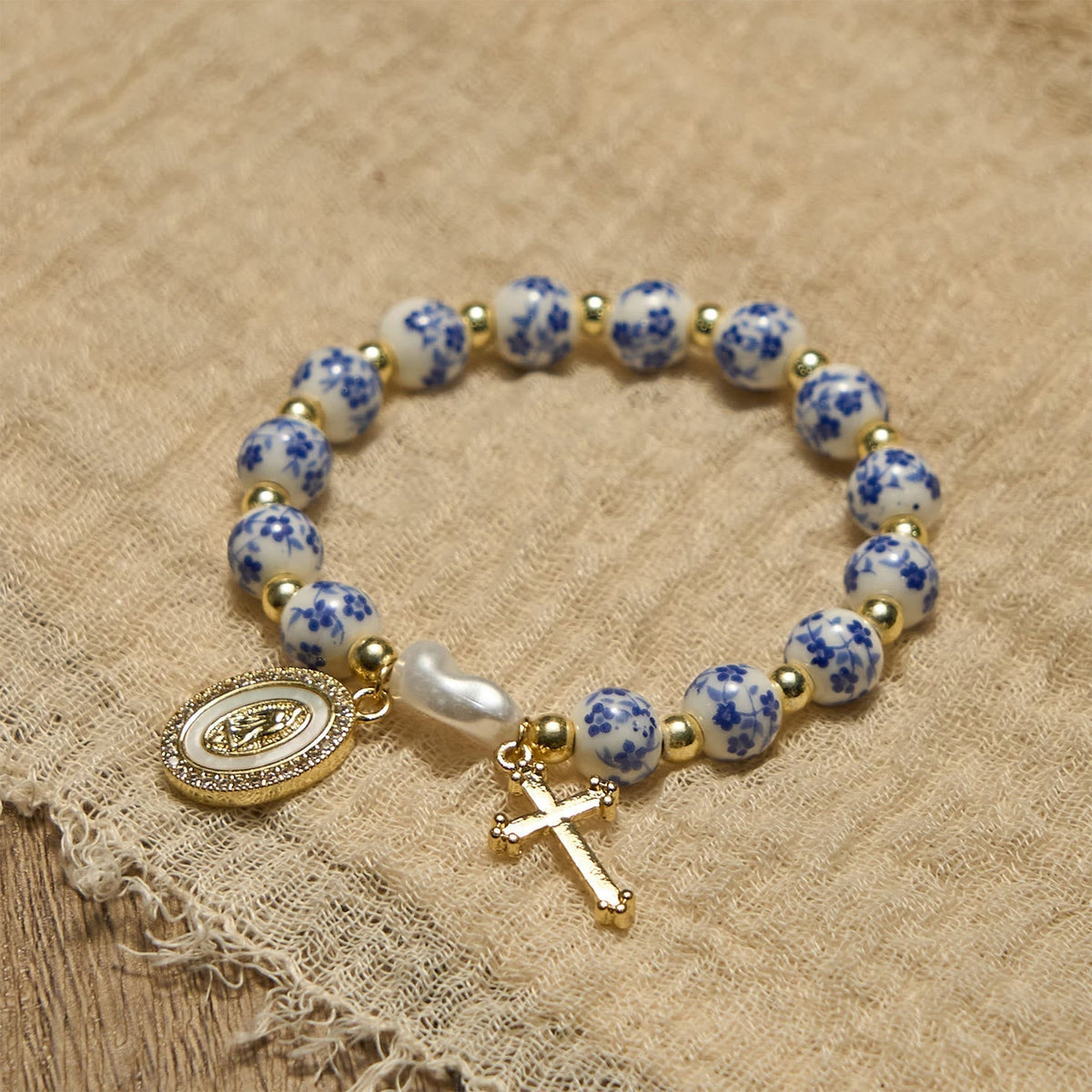 Our Lady Medal & Cross Floral-Inspired Bracelet