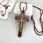 Collar Vintage de Cruz Doble de Madera y Metal
