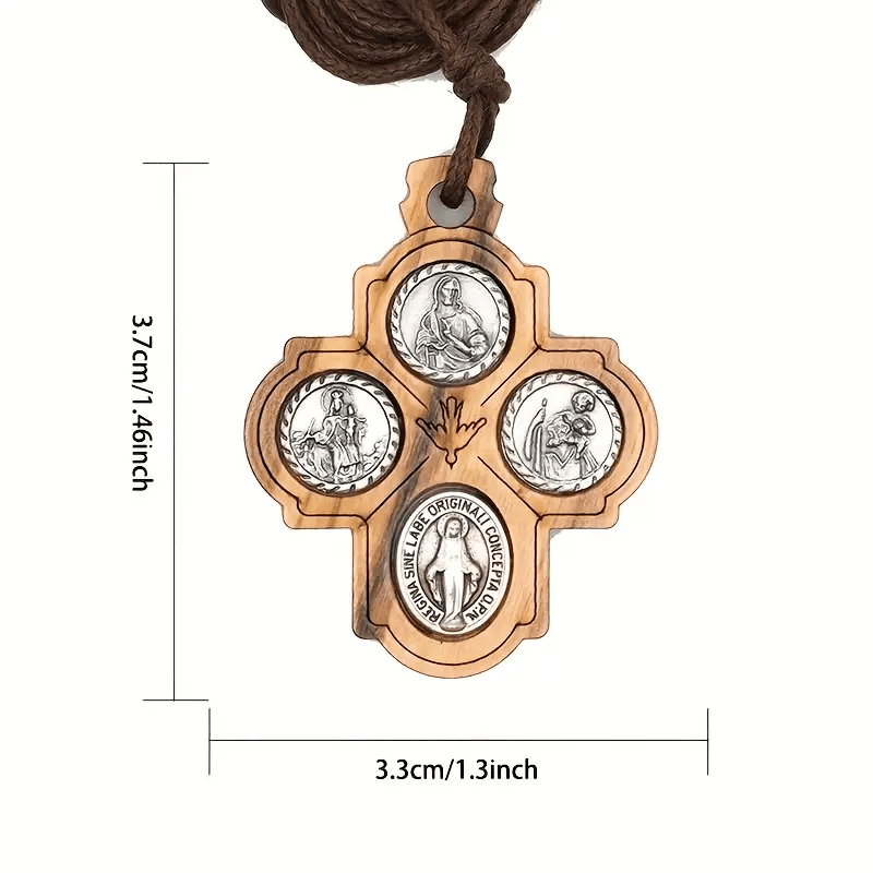 Collar Clásico de Cruz de Cuatro Vías en Madera de Olivo: Señal Rara y Sagrada de Fe