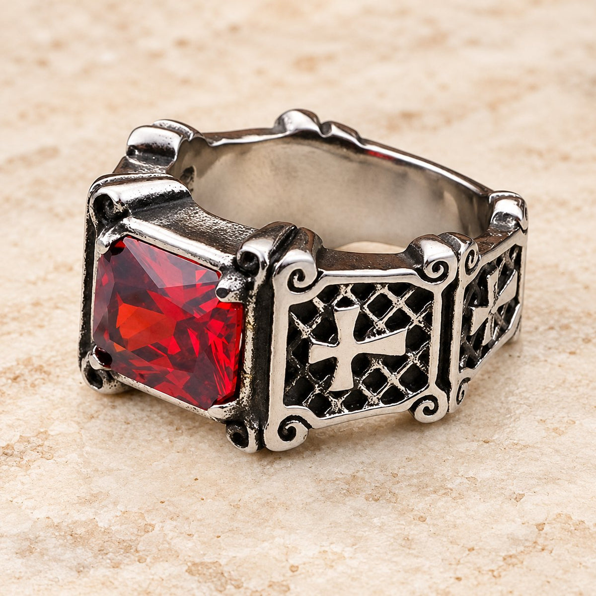 Red & Black Gemstone Cross-Embellished Couple Ring