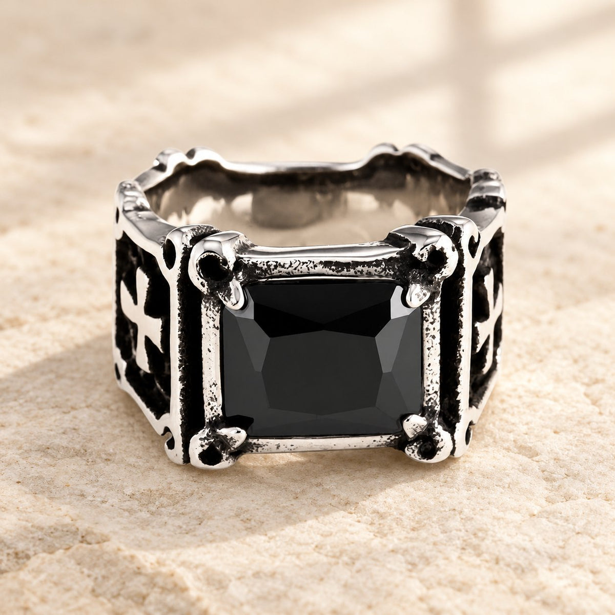 Red & Black Gemstone Cross-Embellished Couple Ring