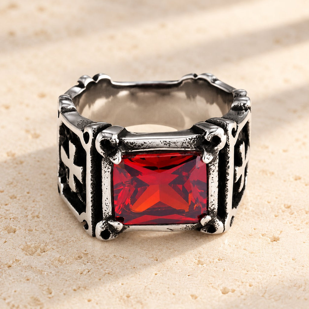 Red & Black Gemstone Cross-Embellished Couple Ring