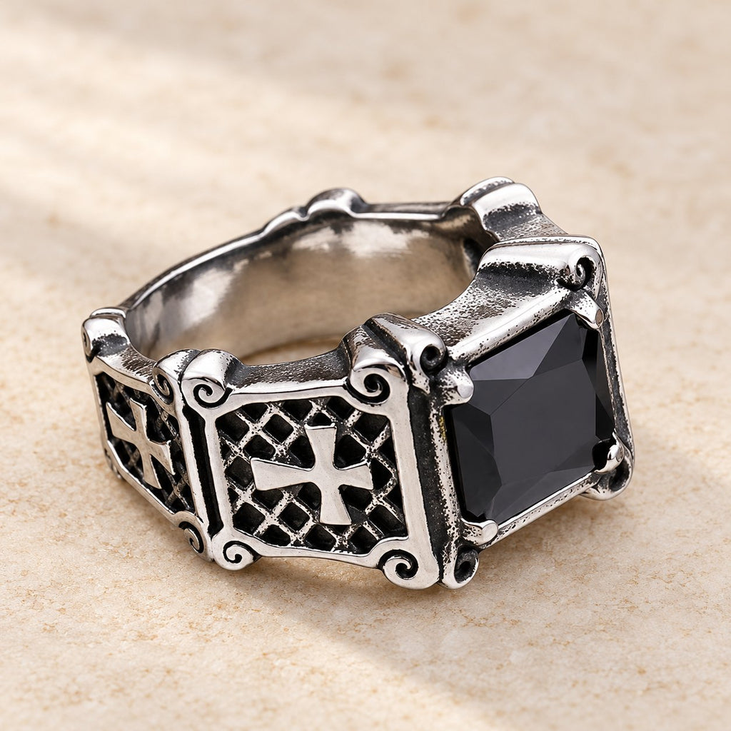 Red & Black Gemstone Cross-Embellished Couple Ring