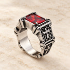 Red & Black Gemstone Cross-Embellished Couple Ring