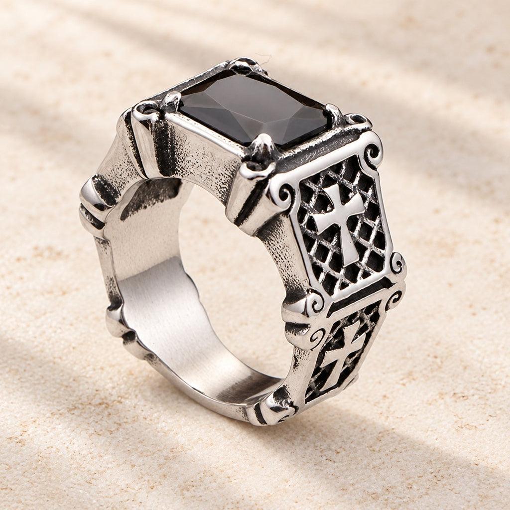 Red & Black Gemstone Cross-Embellished Couple Ring