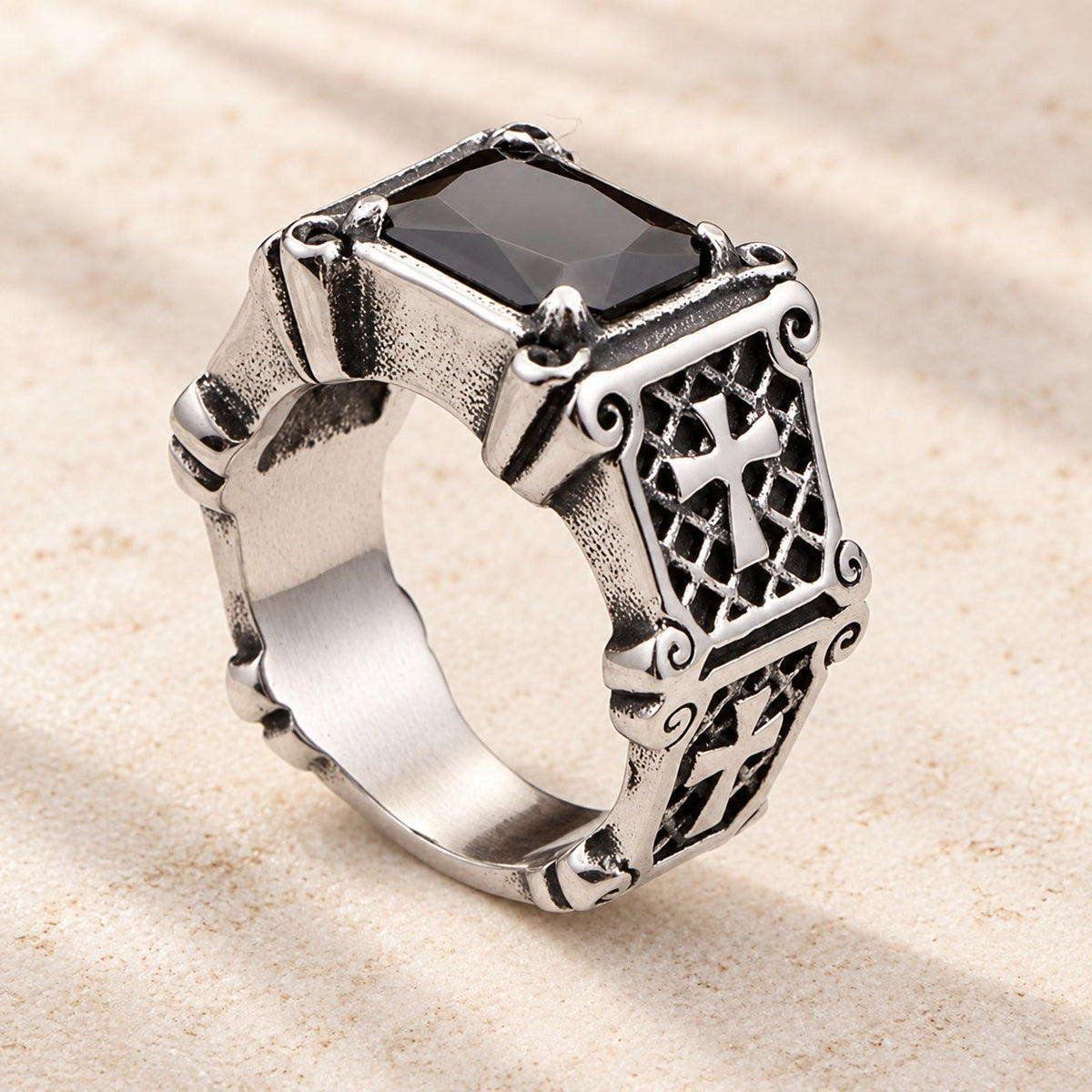 Red & Black Gemstone Cross-Embellished Couple Ring