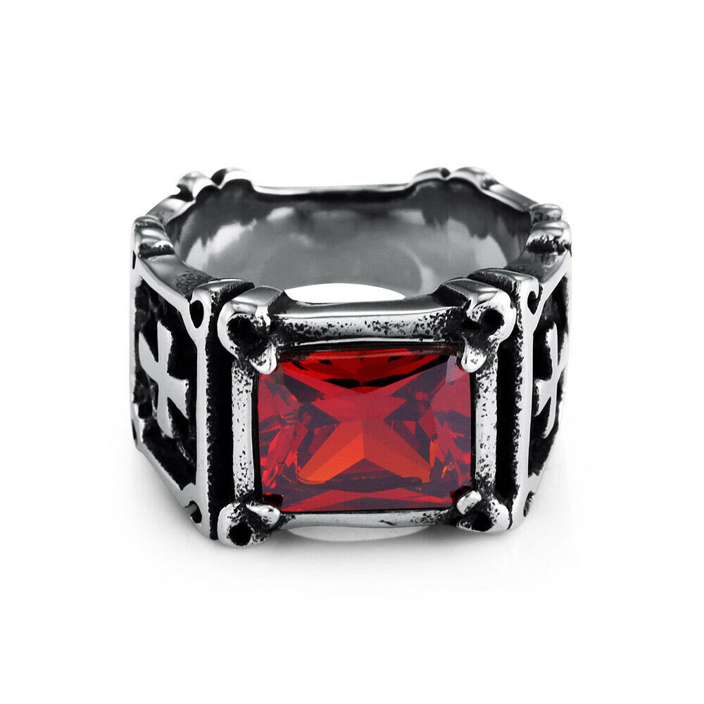 Anillo de Pareja con Cruz de Gemas Rojas y Negras: Símbolo de Fe y Estilo