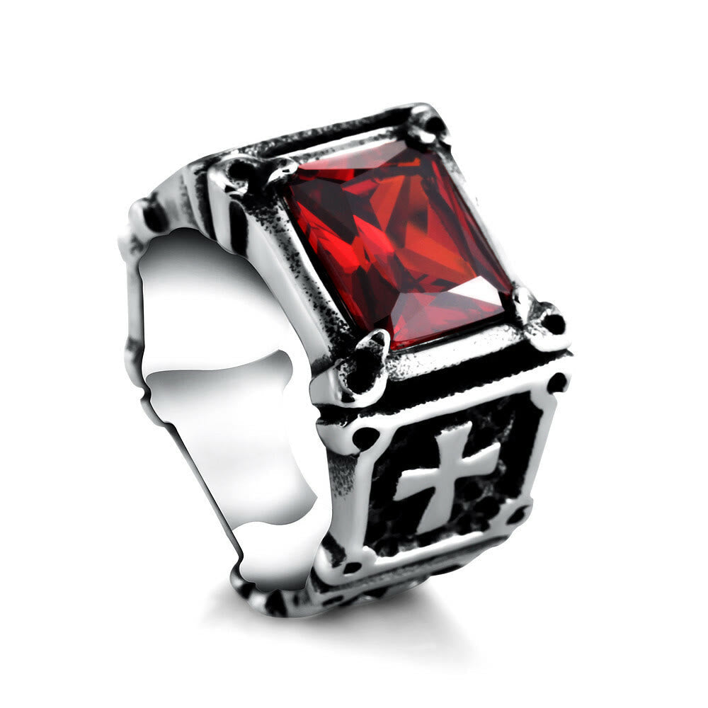 Anillo de Pareja con Cruz de Gemas Rojas y Negras: Símbolo de Fe y Estilo