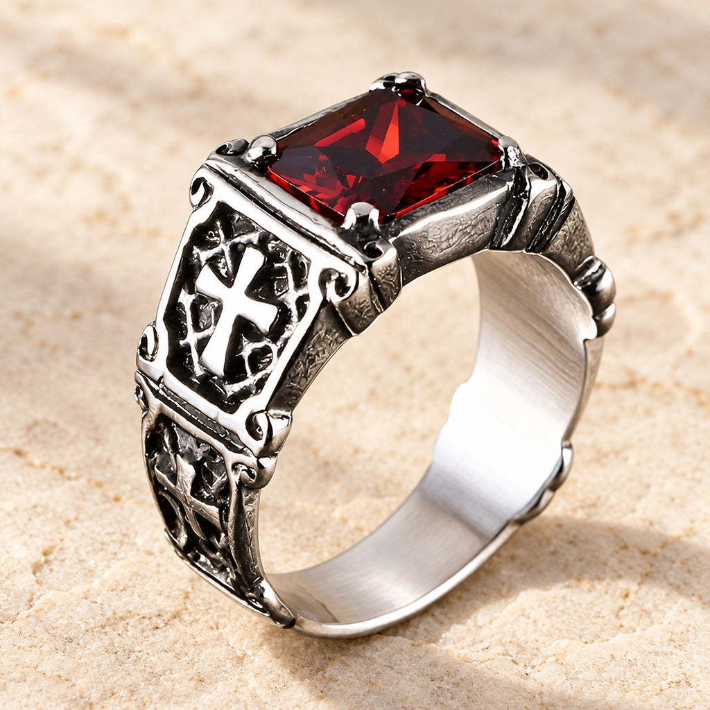 Red & Black Gemstone Cross-Embellished Couple Ring