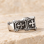Red & Black Gemstone Cross-Embellished Couple Ring