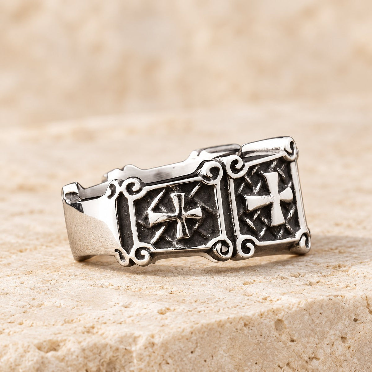 Red & Black Gemstone Cross-Embellished Couple Ring