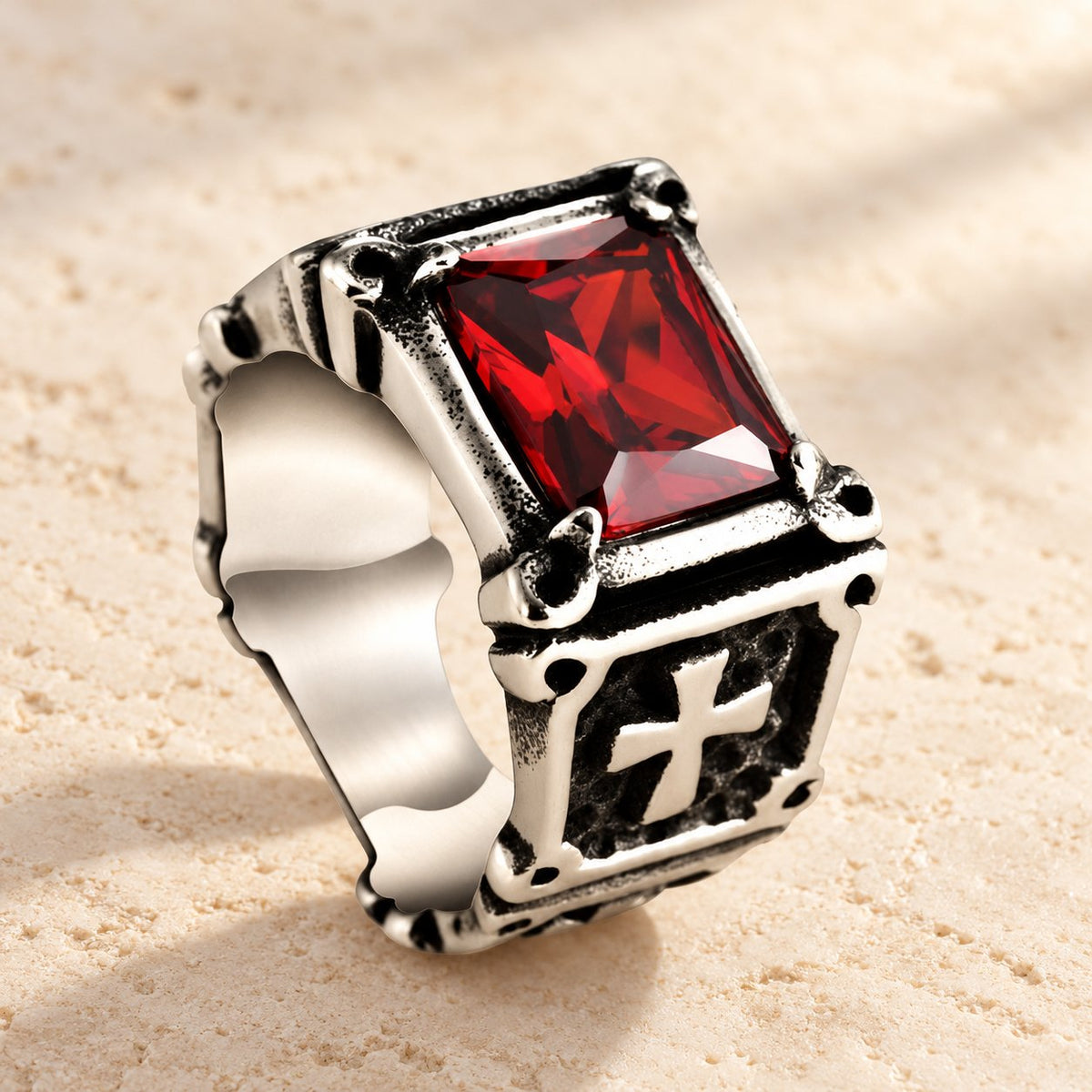 Red & Black Gemstone Cross-Embellished Couple Ring
