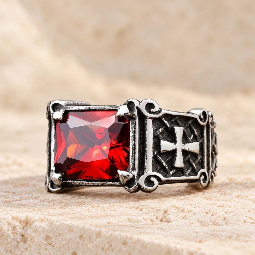 Red & Black Gemstone Cross-Embellished Couple Ring