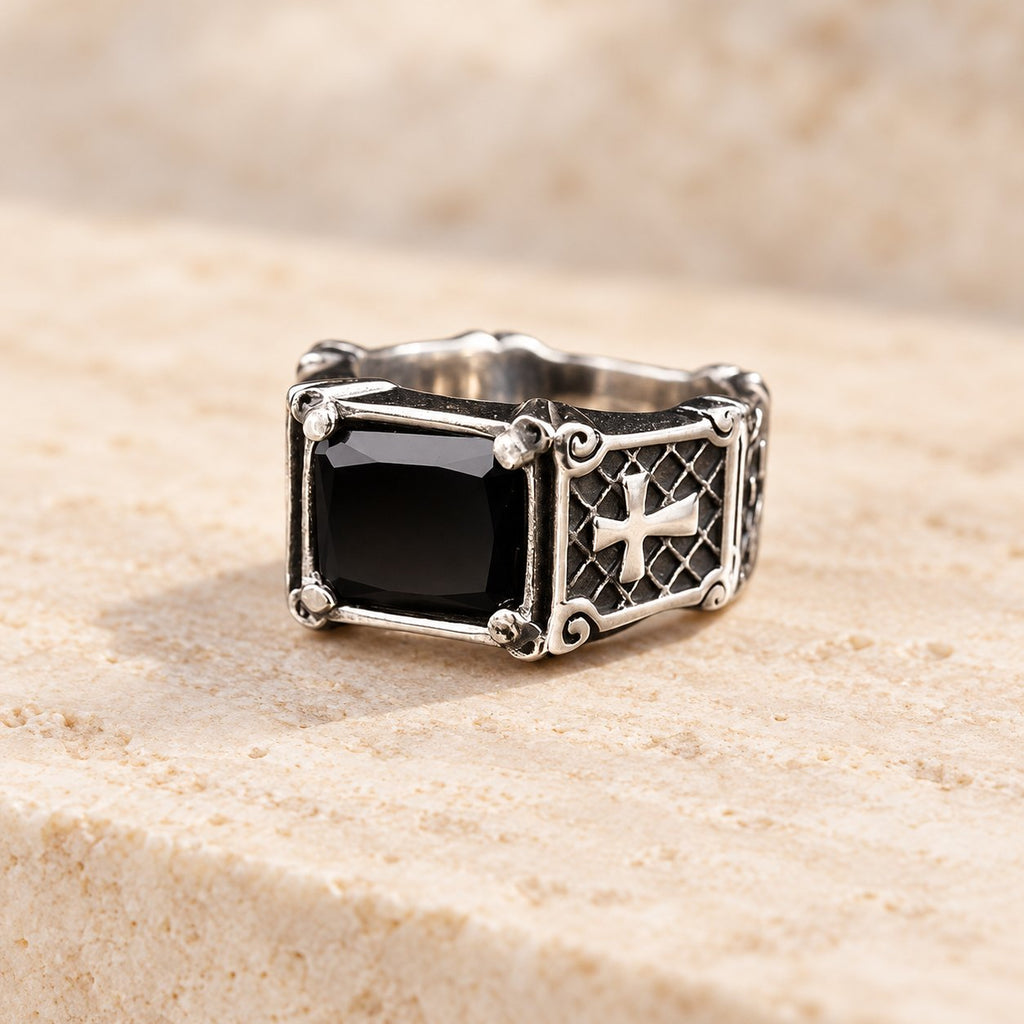 Red & Black Gemstone Cross-Embellished Couple Ring