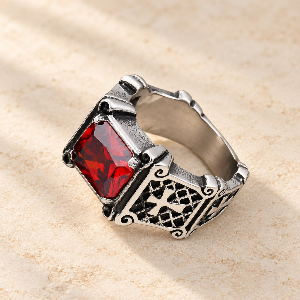 Red & Black Gemstone Cross-Embellished Couple Ring