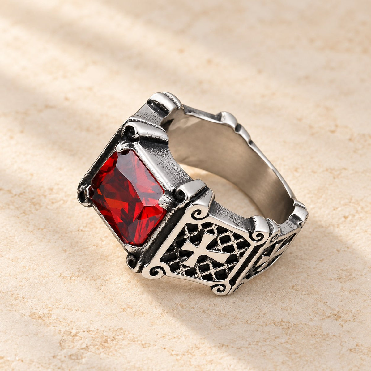 Red & Black Gemstone Cross-Embellished Couple Ring