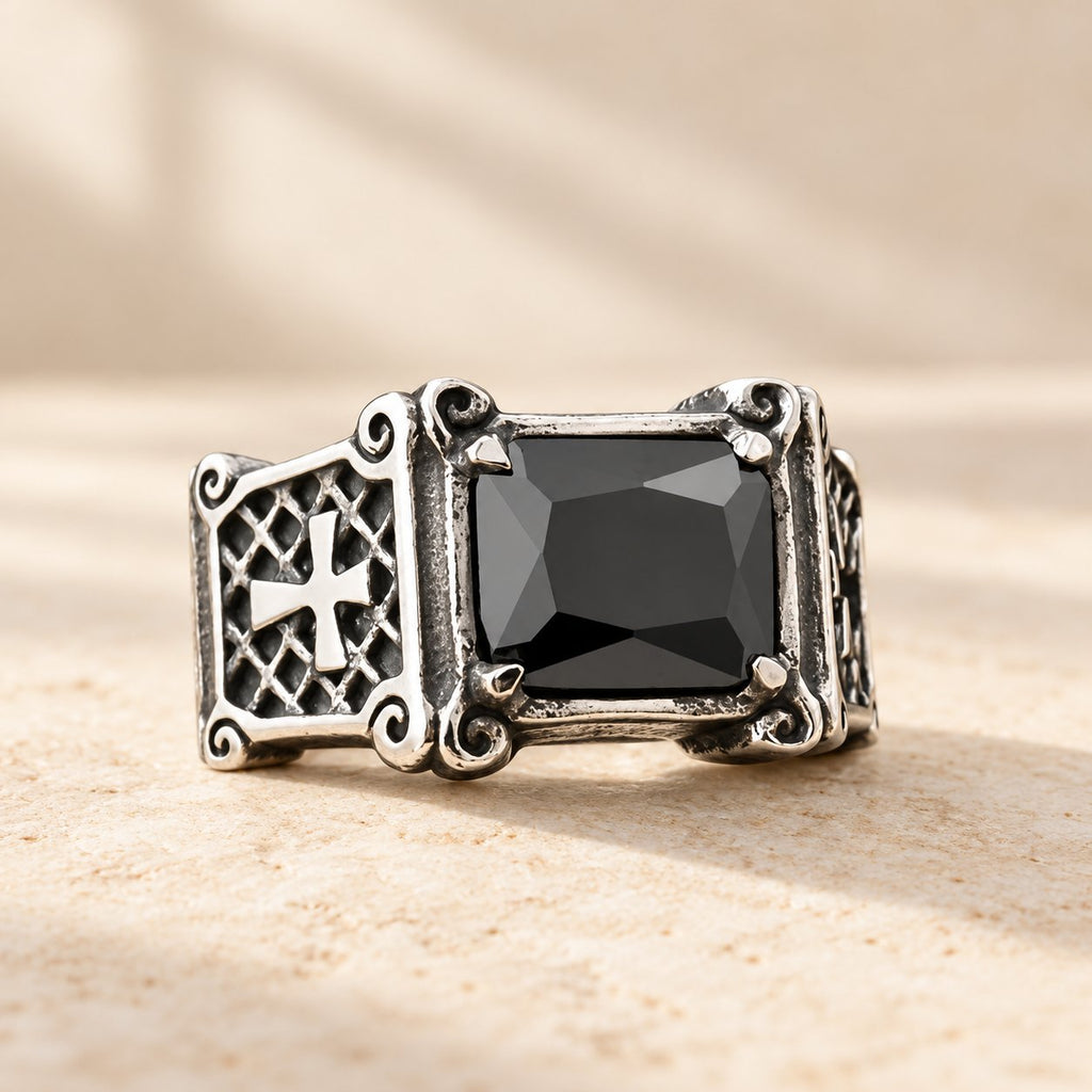 Red & Black Gemstone Cross-Embellished Couple Ring