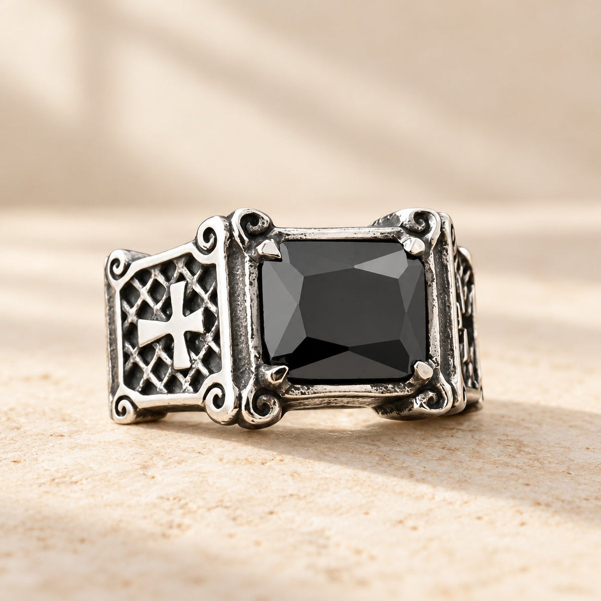 Red & Black Gemstone Cross-Embellished Couple Ring