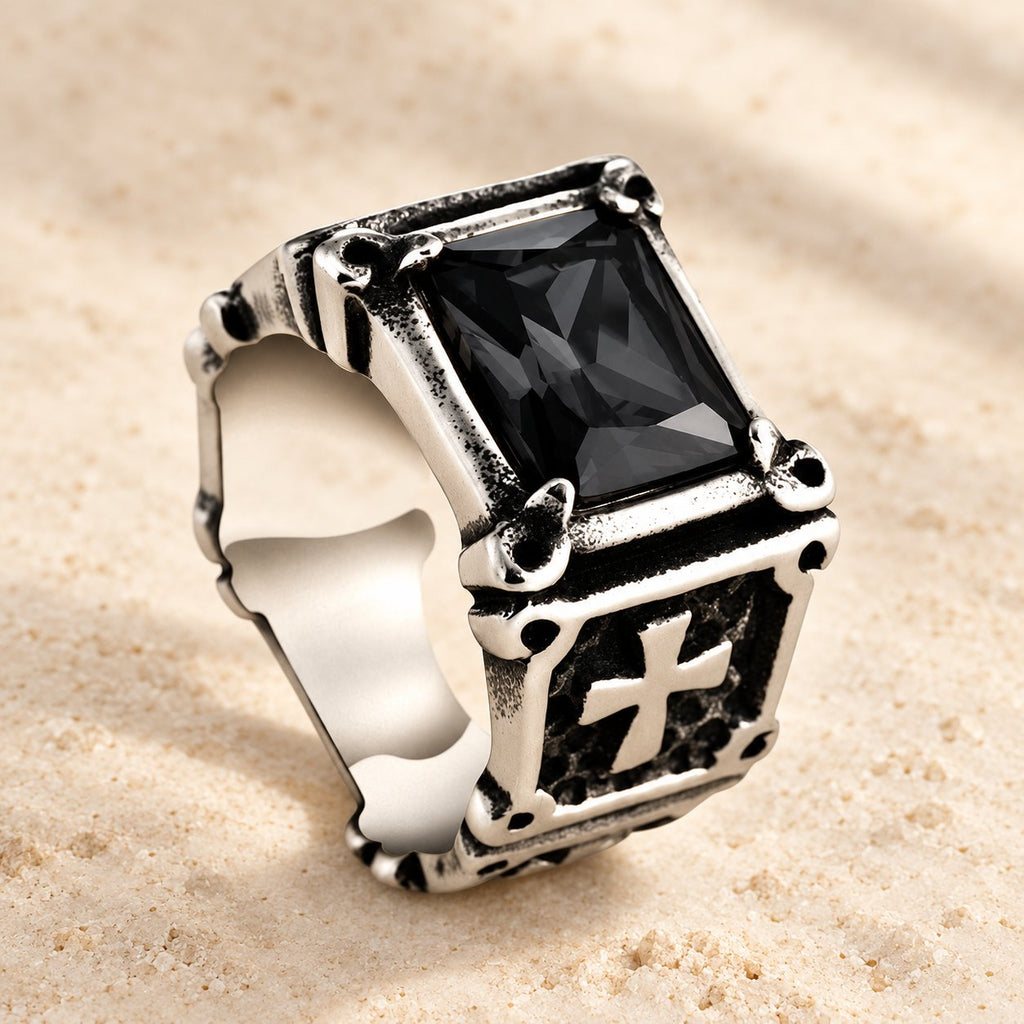 Red & Black Gemstone Cross-Embellished Couple Ring
