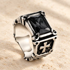 Red & Black Gemstone Cross-Embellished Couple Ring