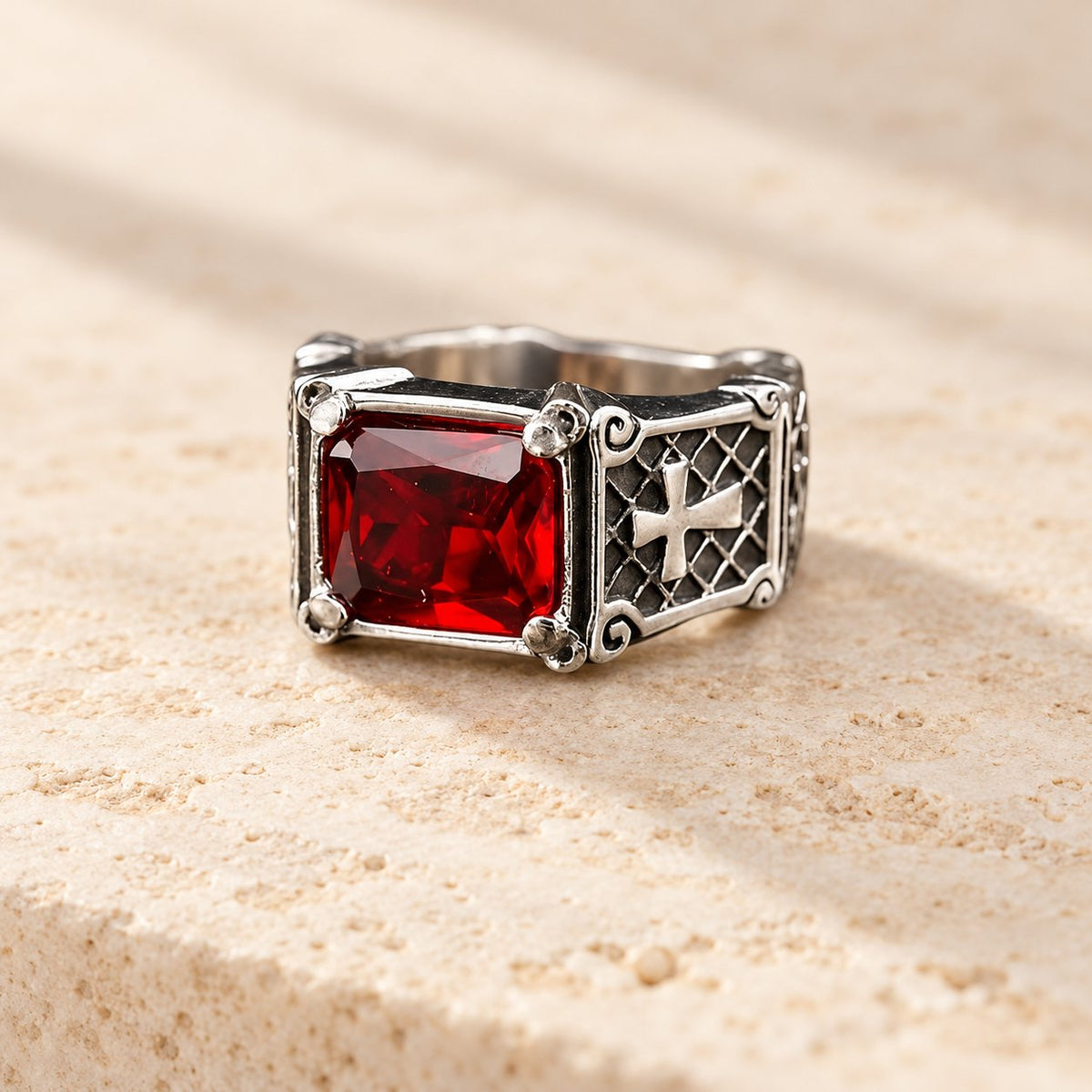 Red & Black Gemstone Cross-Embellished Couple Ring