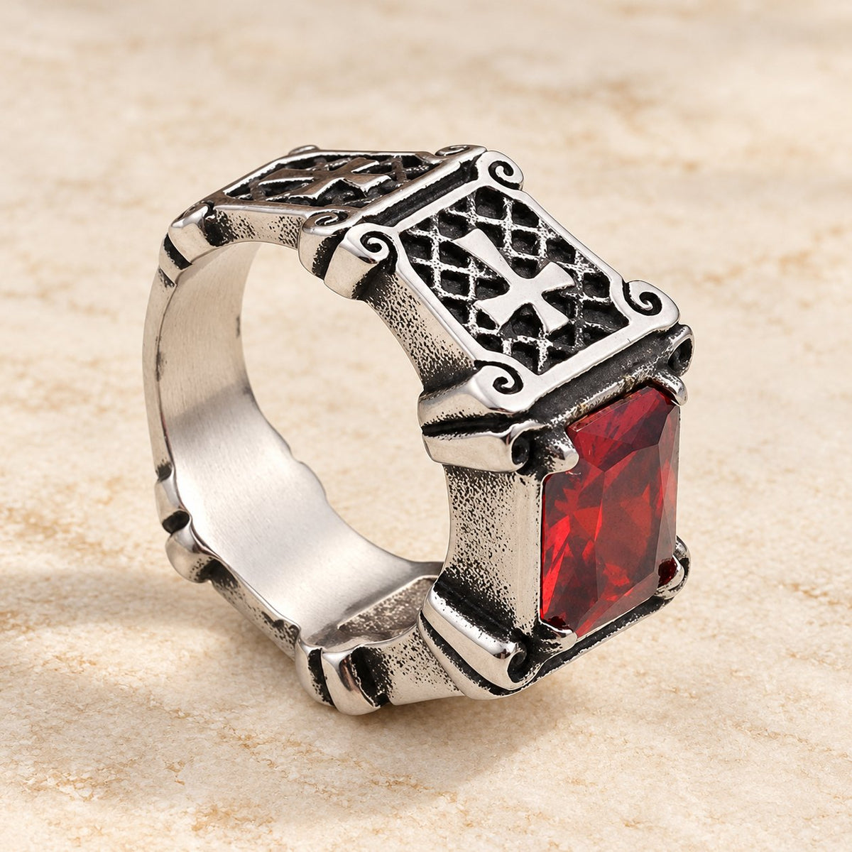 Red & Black Gemstone Cross-Embellished Couple Ring
