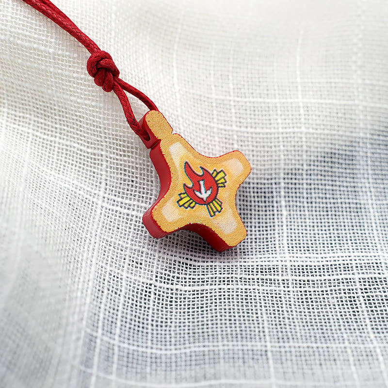 Collar con Dije de Cruz de Madera del Espíritu Santo y Medalla Esmaltada Roja