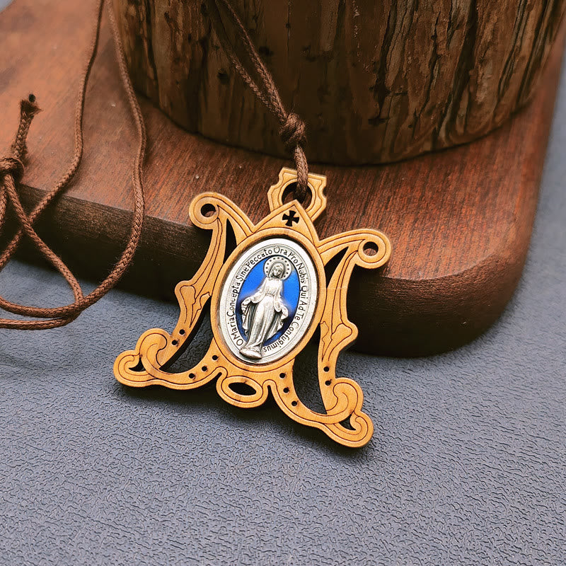 Collar Vintage de Medalla Milagrosa en Madera de Olivo: Emblema Eterno de Gracia Divina
