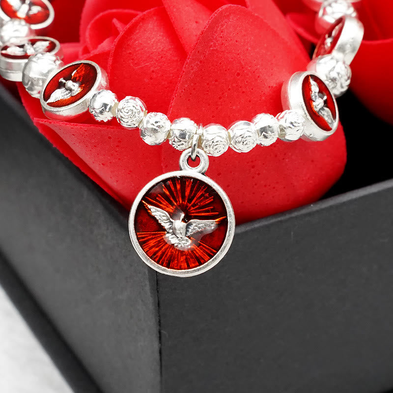 Pulsera de Cuentas de Rosa y Cruz con Espíritu Santo en Esmalte: Símbolo de Protección Bendita