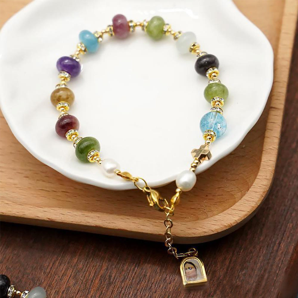 Pulsera de Ágata Turmalina Natural Multicolor Redonda con Medalla Milagrosa y Cruz