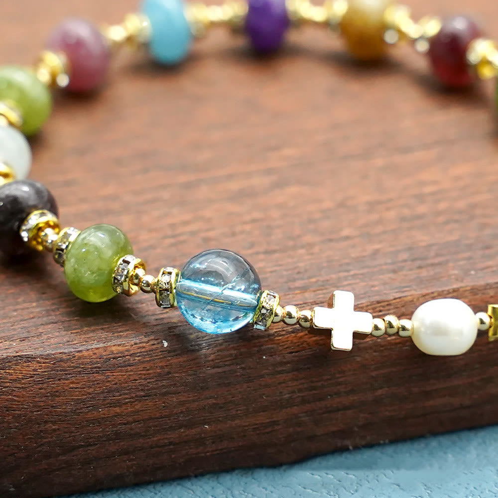 Pulsera de Ágata Turmalina Natural Multicolor Redonda con Medalla Milagrosa y Cruz
