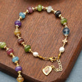 Pulsera de Ágata Turmalina Natural Multicolor Redonda con Medalla Milagrosa y Cruz