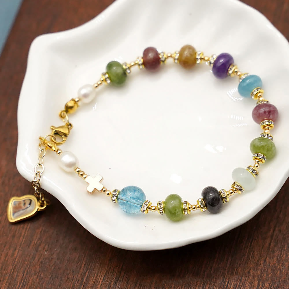 Pulsera de Ágata Turmalina Natural Multicolor Redonda con Medalla Milagrosa y Cruz