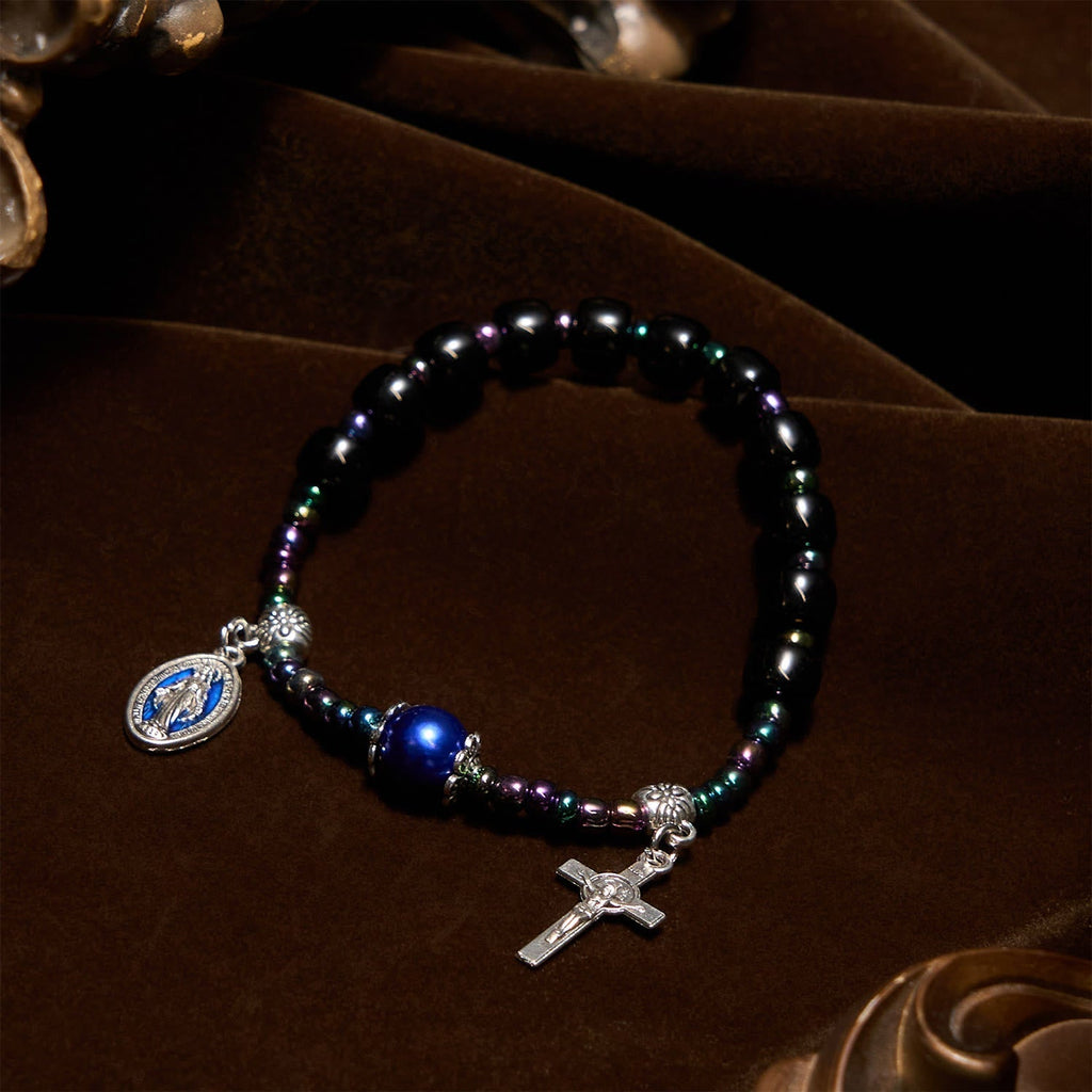Pulsera de Ébano y Ágata Azul con Medalla de la Virgen y Crucifijo