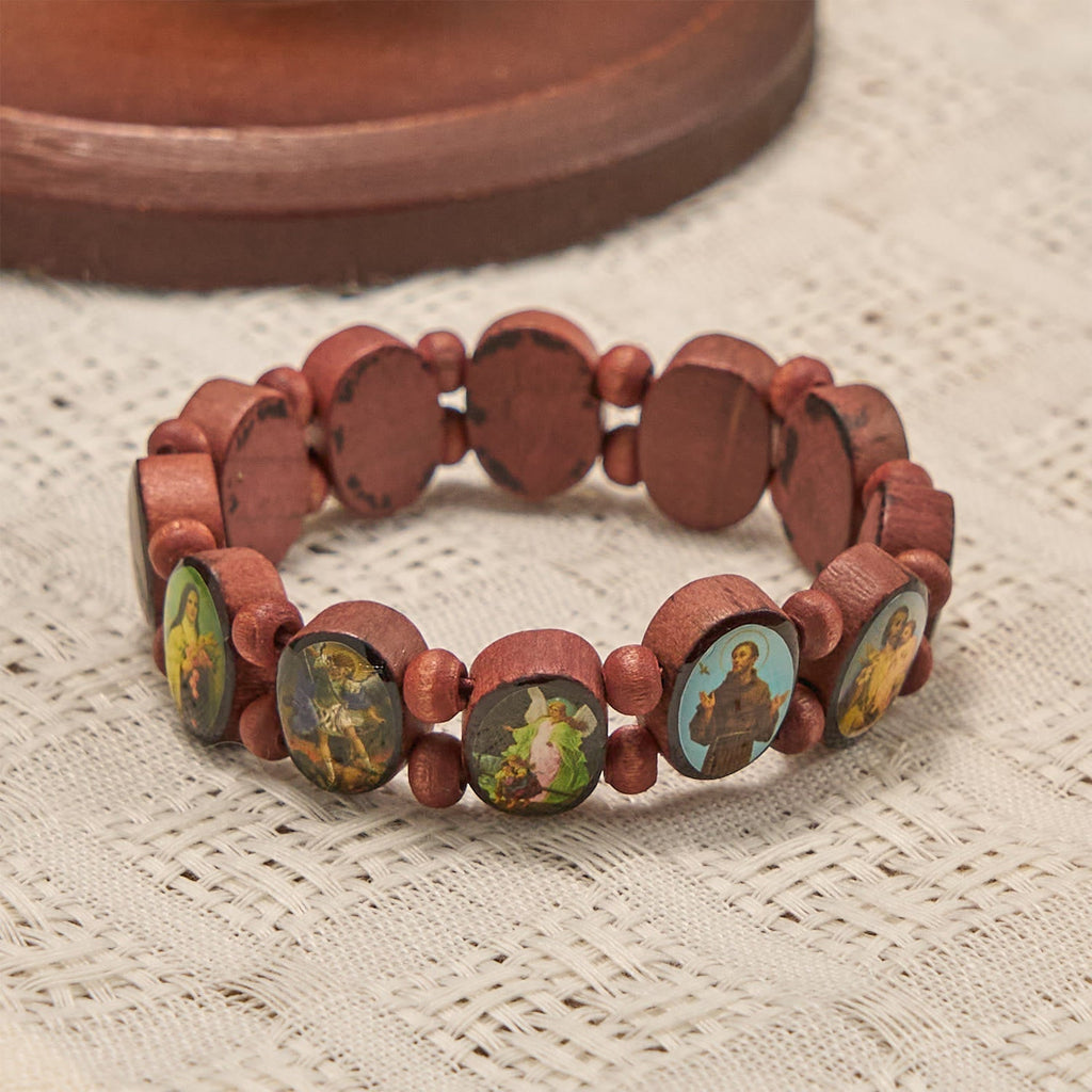 Pulsera Elástica Clásica de Cuentas de Madera con Íconos de María, Jesús y Santos