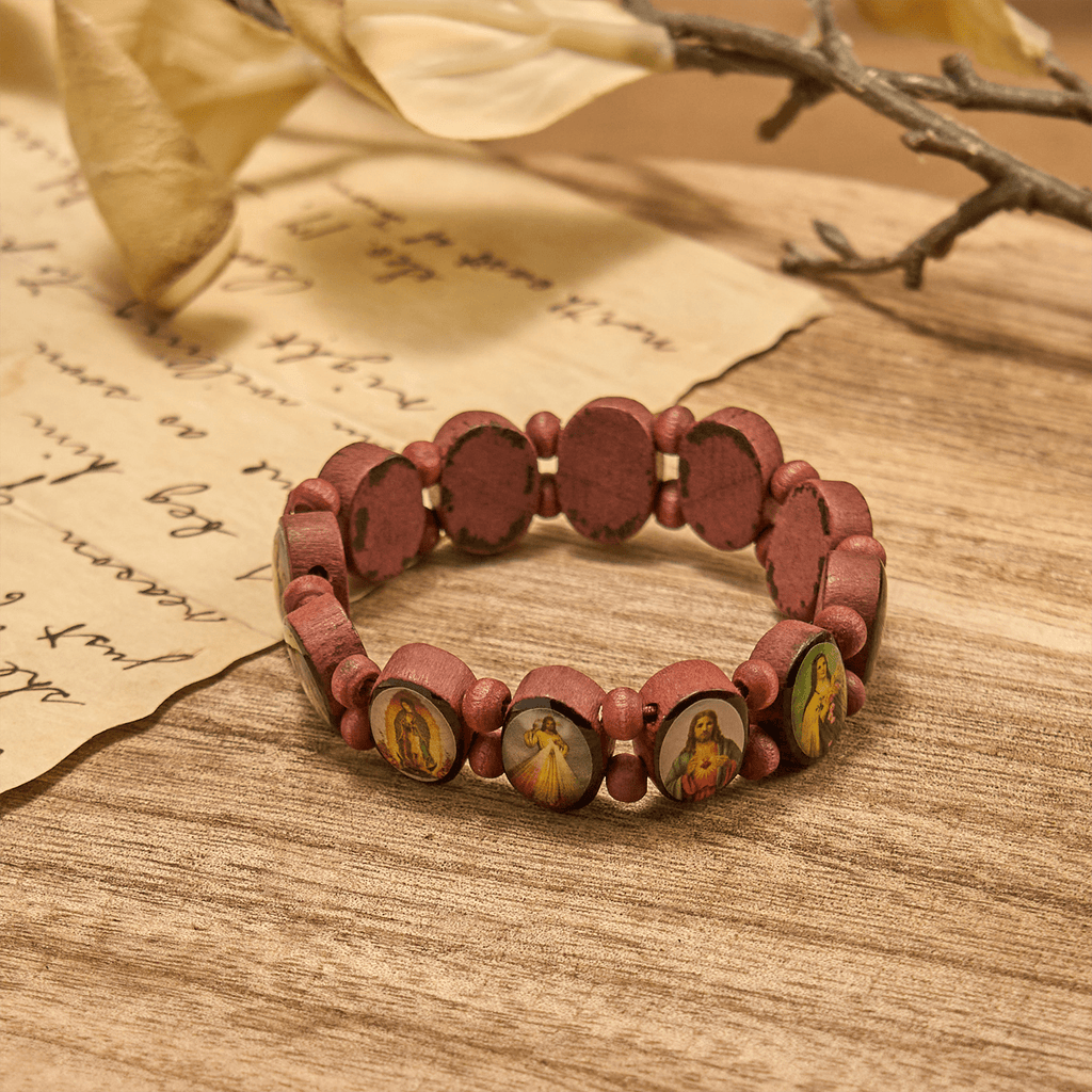 Pulsera Elástica Clásica de Cuentas de Madera con Íconos de María, Jesús y Santos
