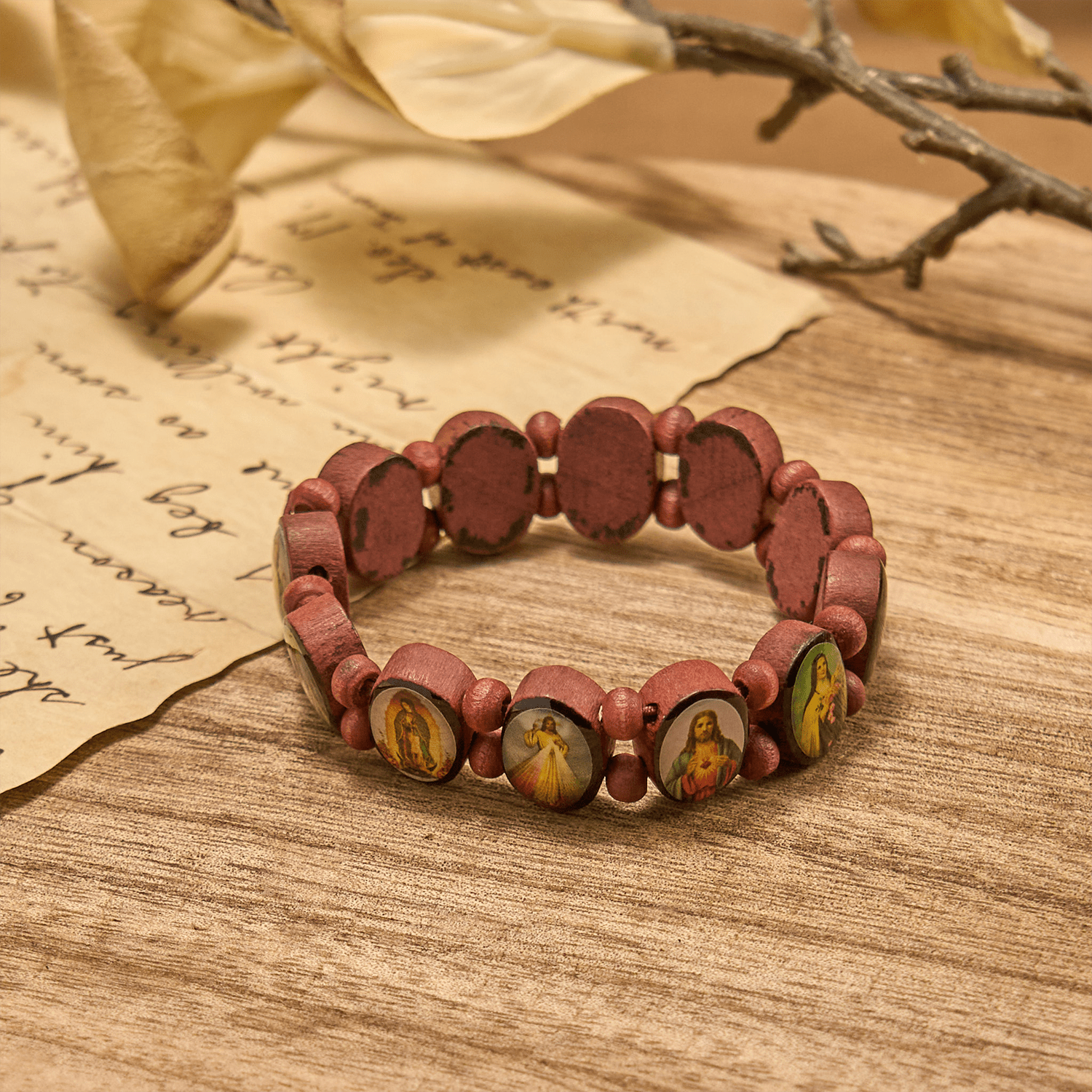 Pulsera Elástica Clásica de Cuentas de Madera con Íconos de María, Jesús y Santos