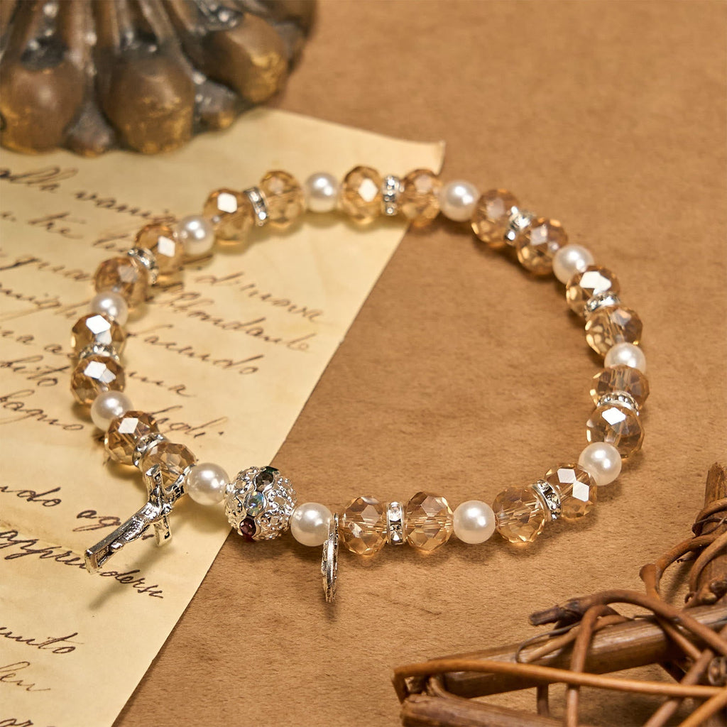 Pulsera Elástica Moderna de Cristal Transparente con Crucifijo y Medalla Milagrosa