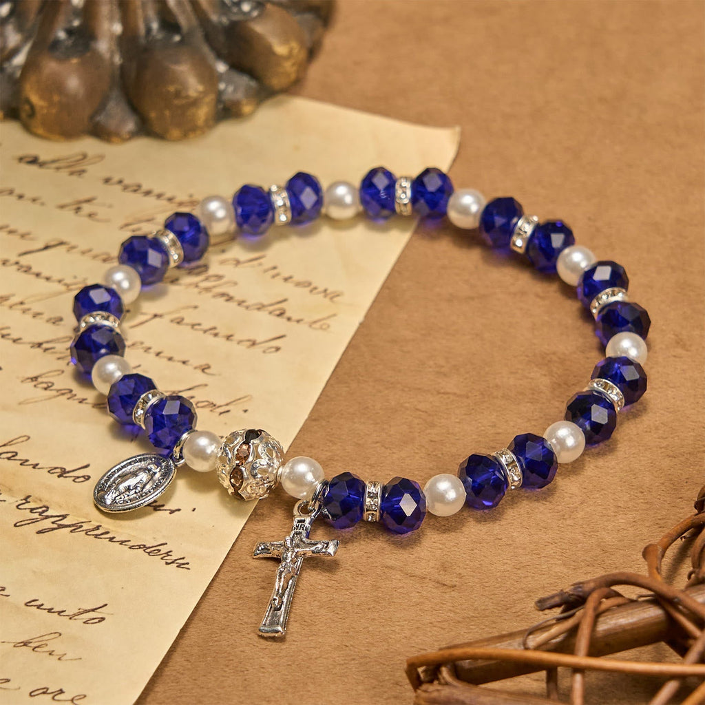 Pulsera Elástica Moderna de Cristal Transparente con Crucifijo y Medalla Milagrosa