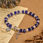 Pulsera Elástica Moderna de Cristal Transparente con Crucifijo y Medalla Milagrosa