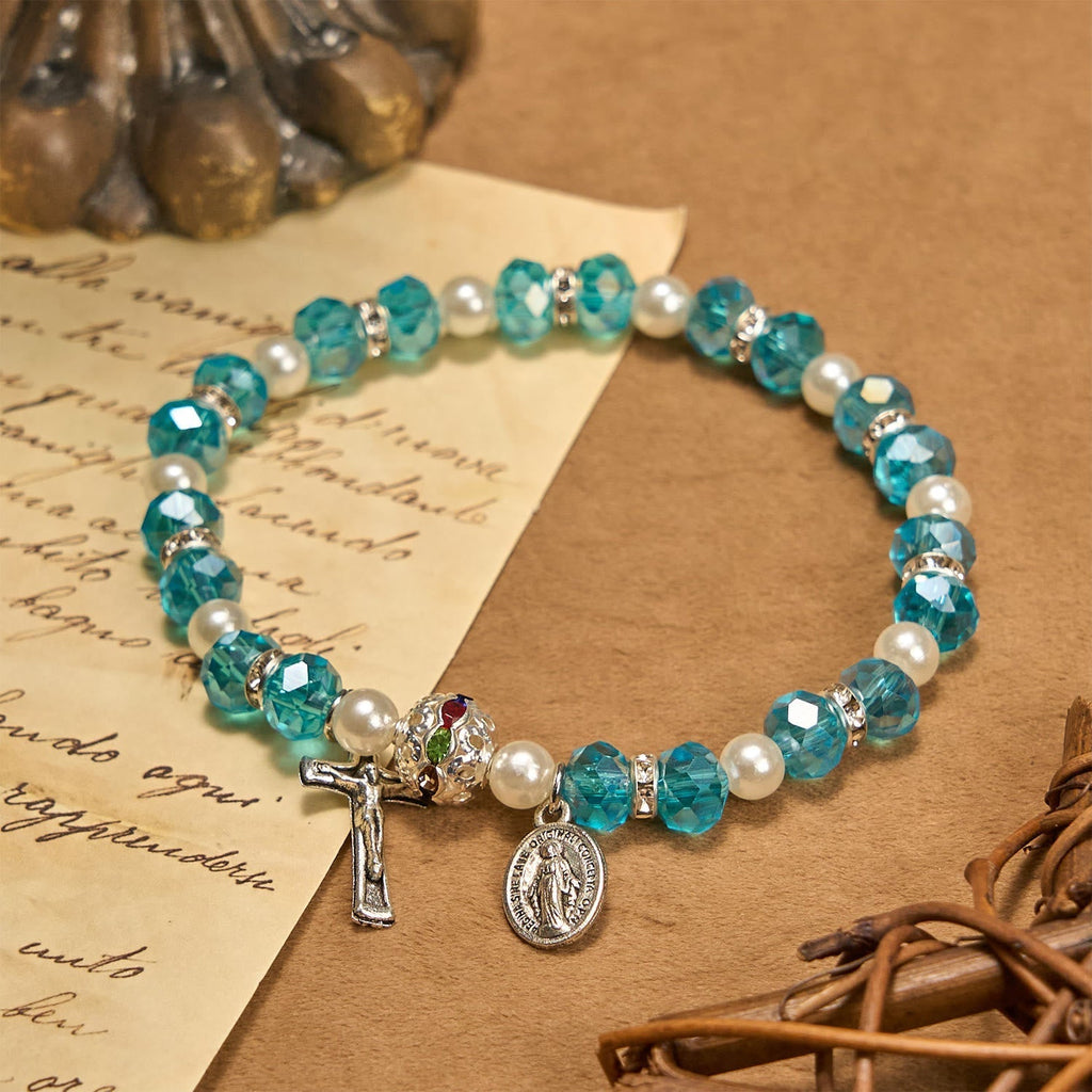 Pulsera Elástica Moderna de Cristal Transparente con Crucifijo y Medalla Milagrosa