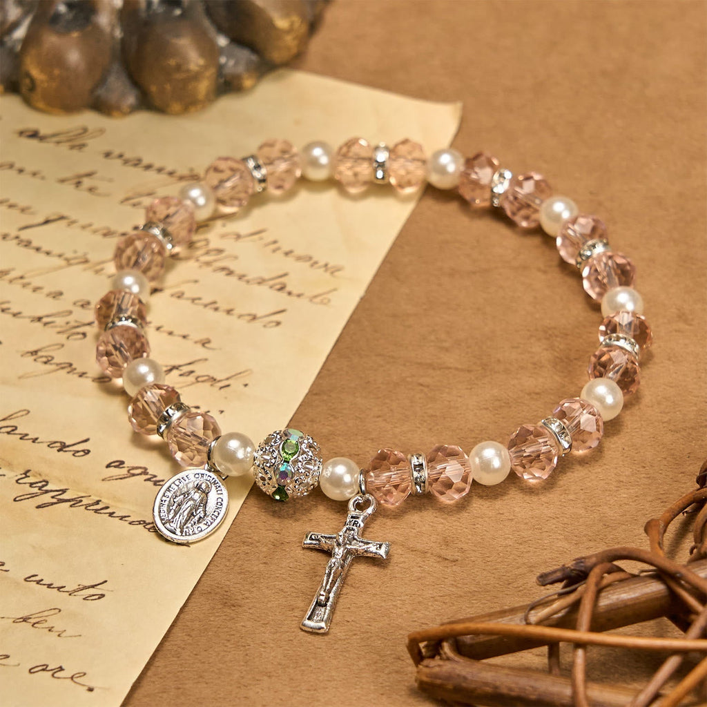 Pulsera Elástica Moderna de Cristal Transparente con Crucifijo y Medalla Milagrosa
